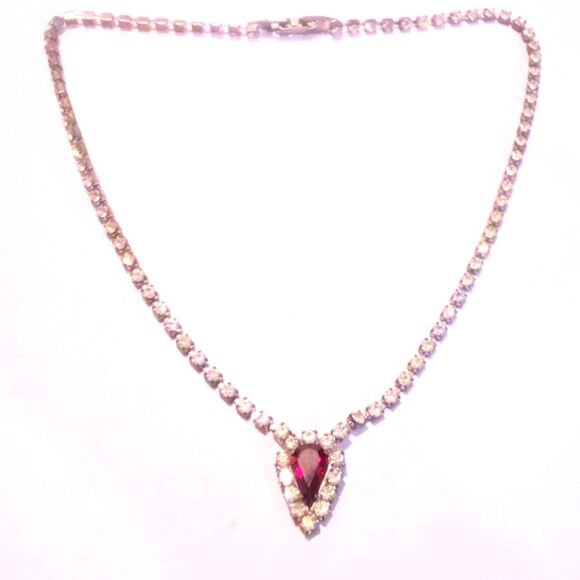 Vintage Prong Set Red and Clear Rhinestone Necklace and Earring Demi Parure - Picture 5 of 7